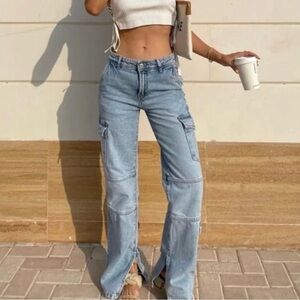 Zara Mid Waist Split Hem Cargo Jeans